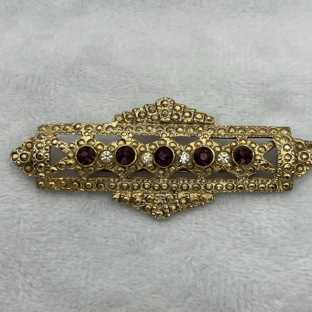 Art Deco Clear Red Rhinestones Bar Brooch Gold Tone Great Gatsby Flapper Glamour